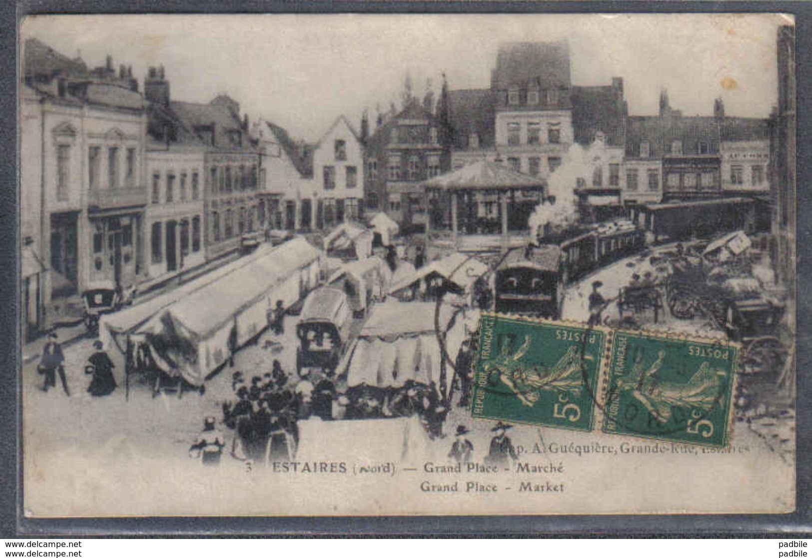 Carte Postale 59. Estaires  Train Vapeur Et Marché Sur La Grand'Place Trés Beau Plan - Autres & Non Classés