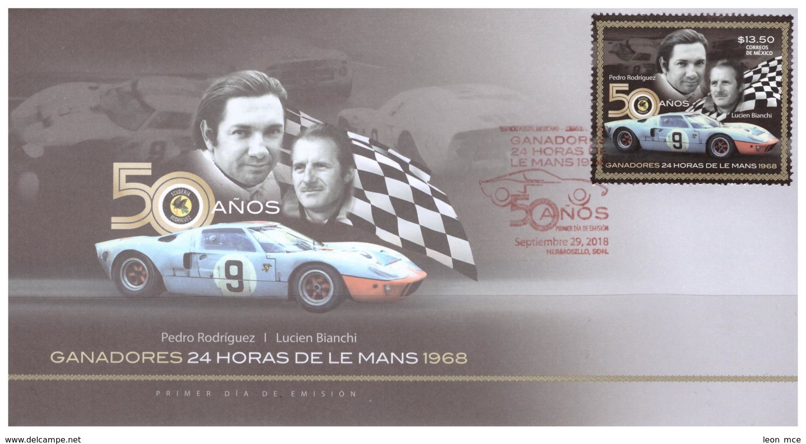 2018 FDC MÉXICO  50 Años Ganadores 24 Horas De Le Mans, PEDRO RODRÍGUEZ Y LUCIEN BIANCHI,  50 Anniv.  CAR RACES - Mexique