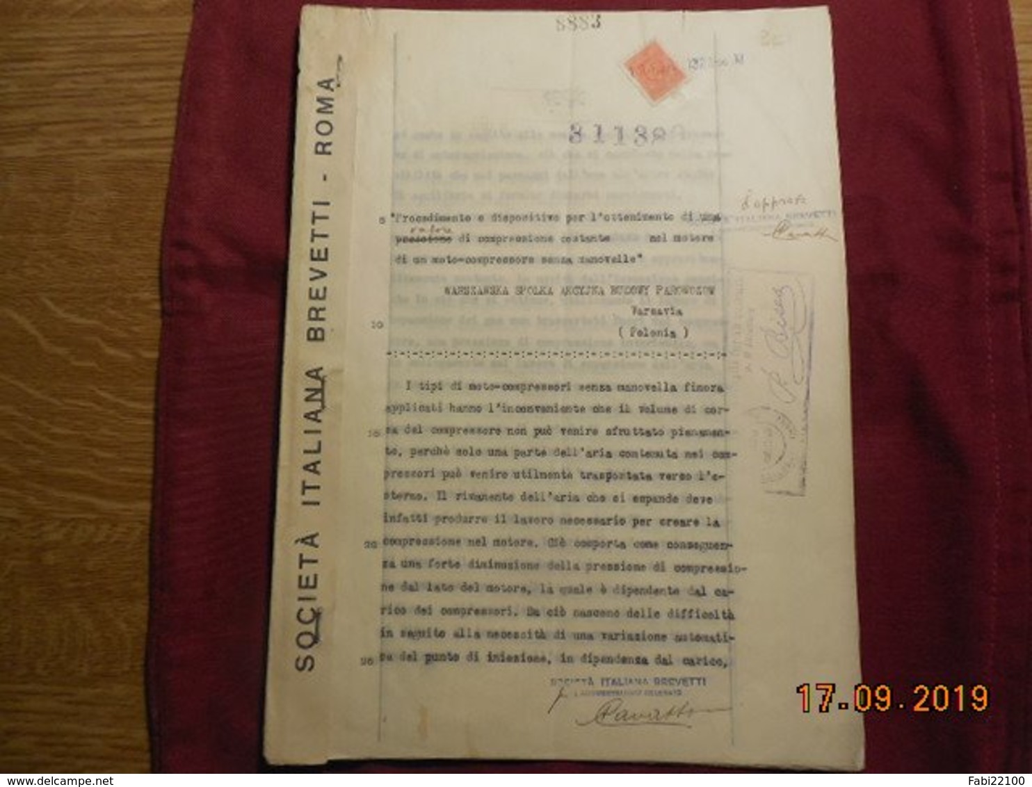 Document Italien De 1932 - Brevet Technique D'un Moto-compresseur (origine Polonaise Peut-être...) - Machines