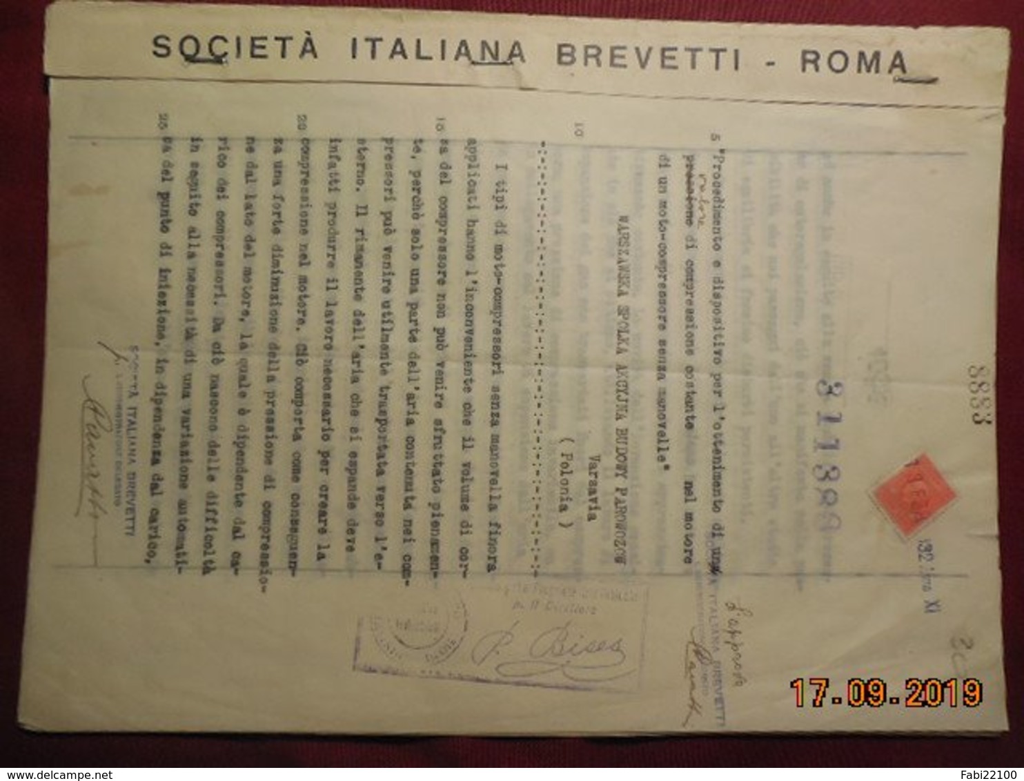 Document Italien De 1932 - Brevet Technique D'un Moto-compresseur (origine Polonaise Peut-être...) - Machines