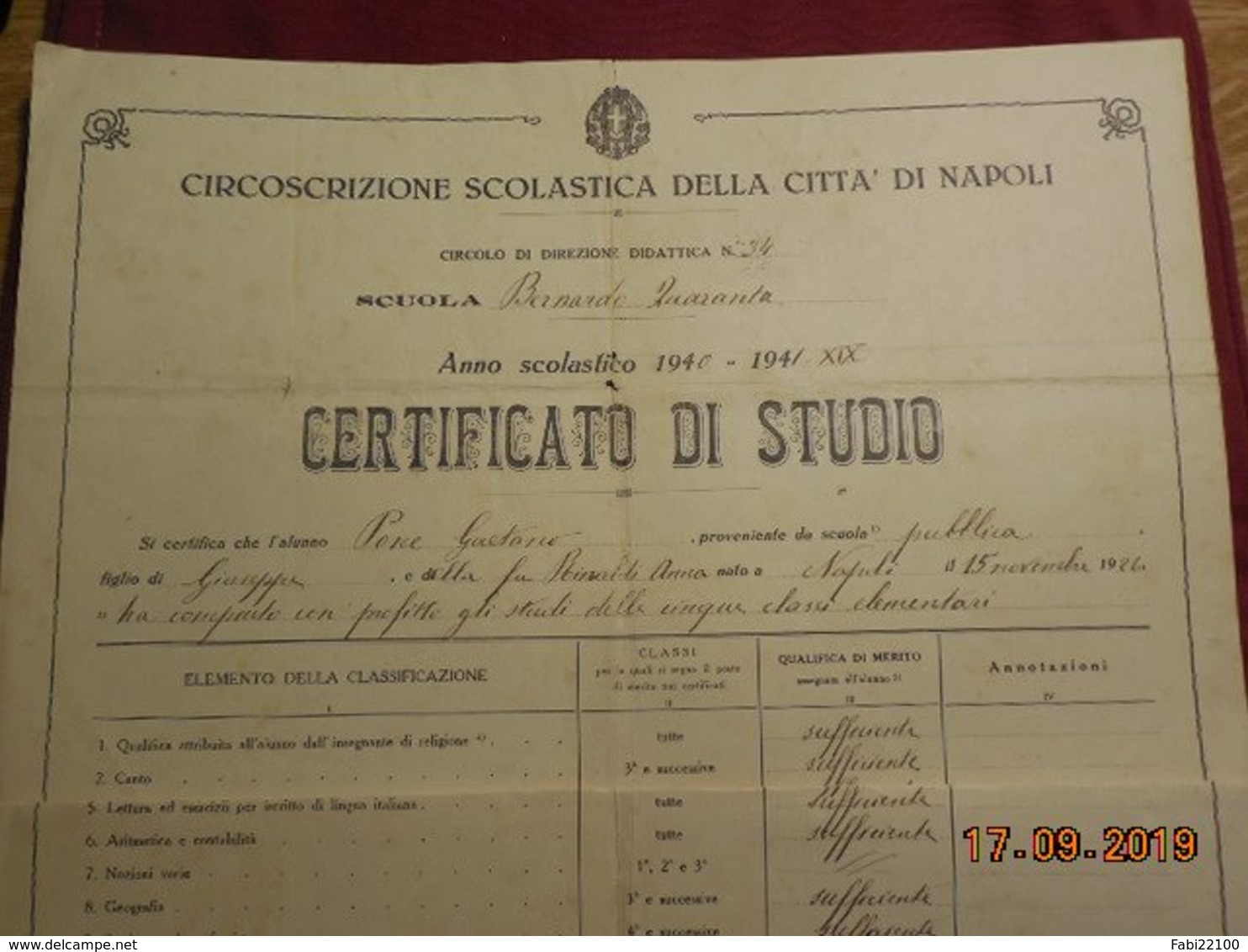 Document Italien De 1940/ 1941  Certificato Di Studio Della Citta Di Napoli - Diplomas Y Calificaciones Escolares