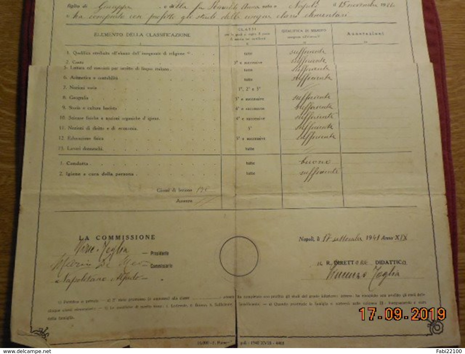 Document Italien De 1940/ 1941  Certificato Di Studio Della Citta Di Napoli - Diploma's En Schoolrapporten