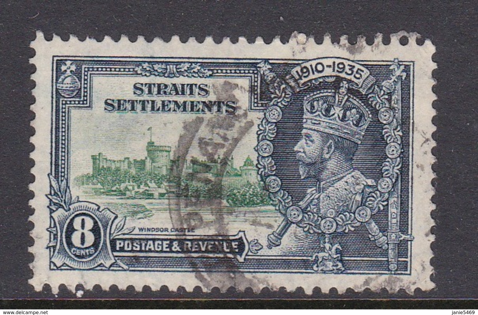 Malaysia-Straits Settlements SG 257 1935 Silver Jubilee,8c Green And Indigo,used - Straits Settlements