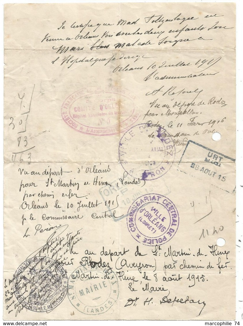 CORRESPONDANCE  MILITAIRE TRAITEMENT VILLE DE PARIS 12.6.1915 ORLEANS + HOPITAL TEMPORAIRE N°22 RODEZ AVEYRON - Guerre De 1914-18
