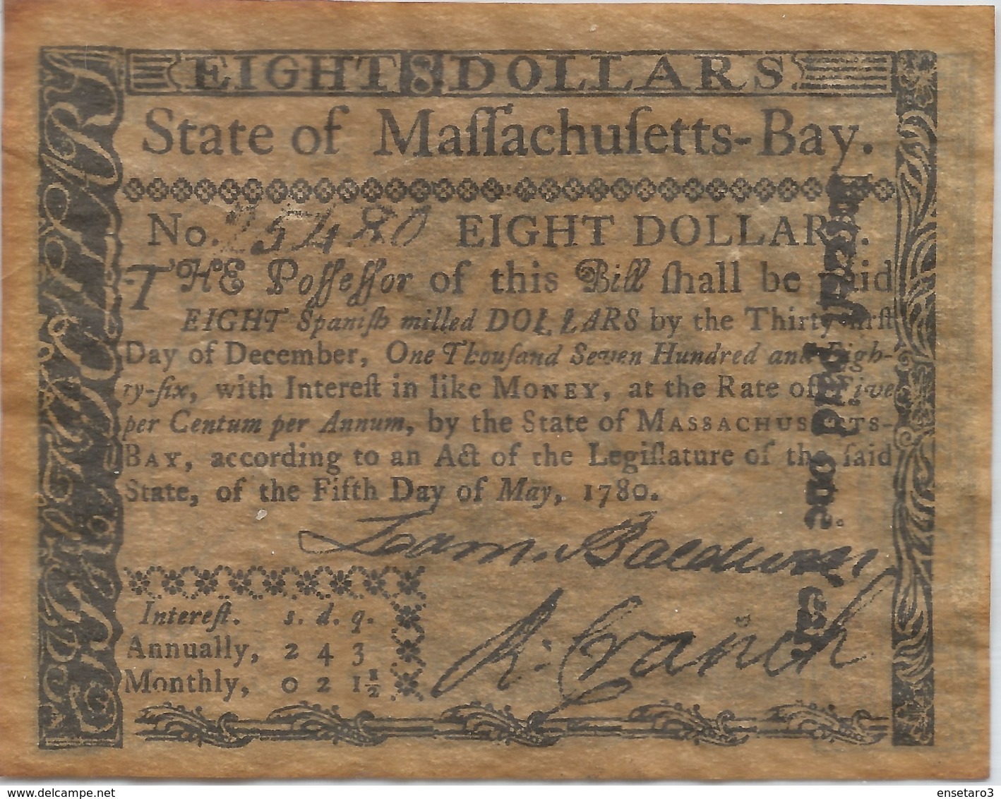 1780 STATE OF MASSACHUSETTS BAY, EIGHT DOLLAR - COLONIAL CURRENCY - FACSIMILEE - Koloniale Valuta (18de Eeuw)