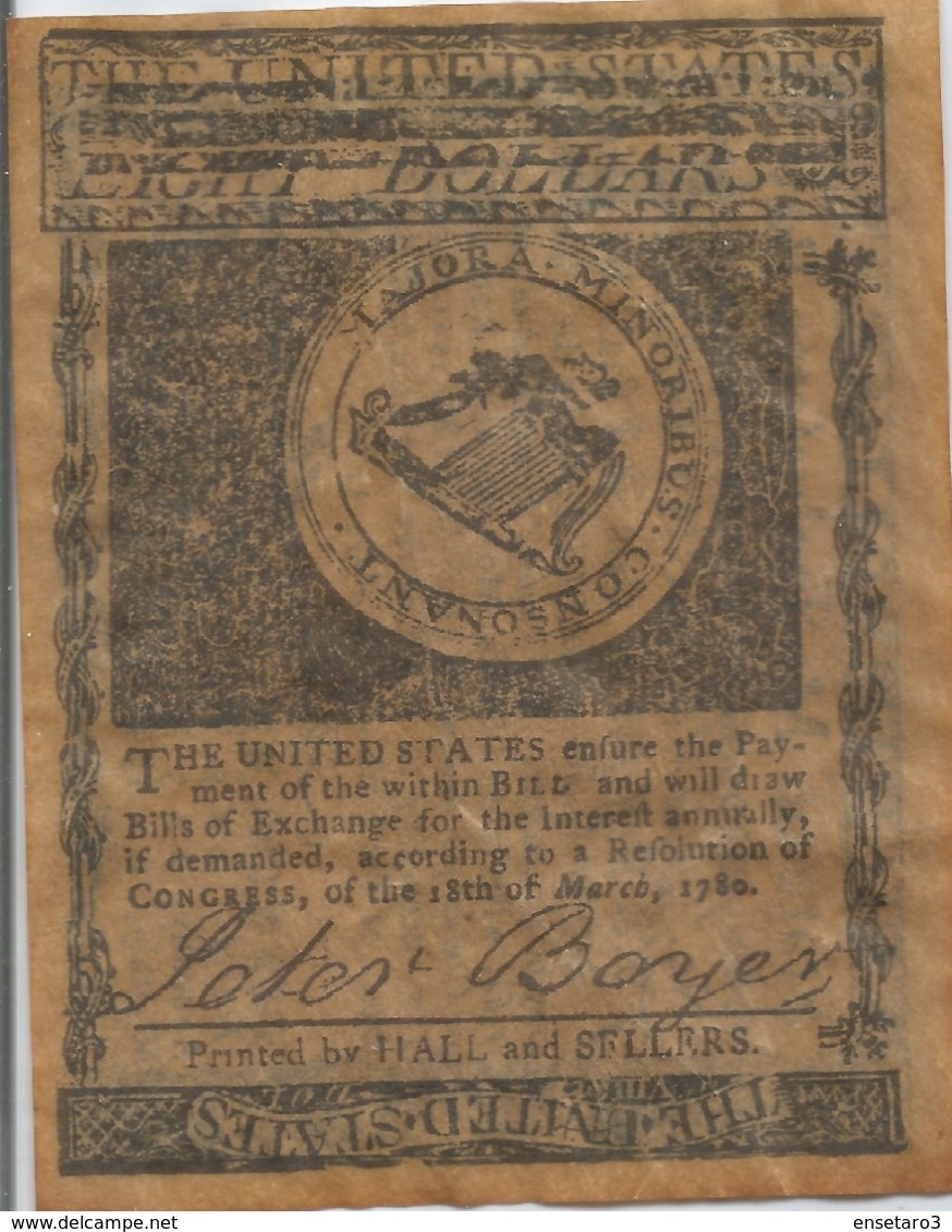 1780 STATE OF MASSACHUSETTS BAY, EIGHT DOLLAR - COLONIAL CURRENCY - FACSIMILEE - Koloniale Valuta (18de Eeuw)