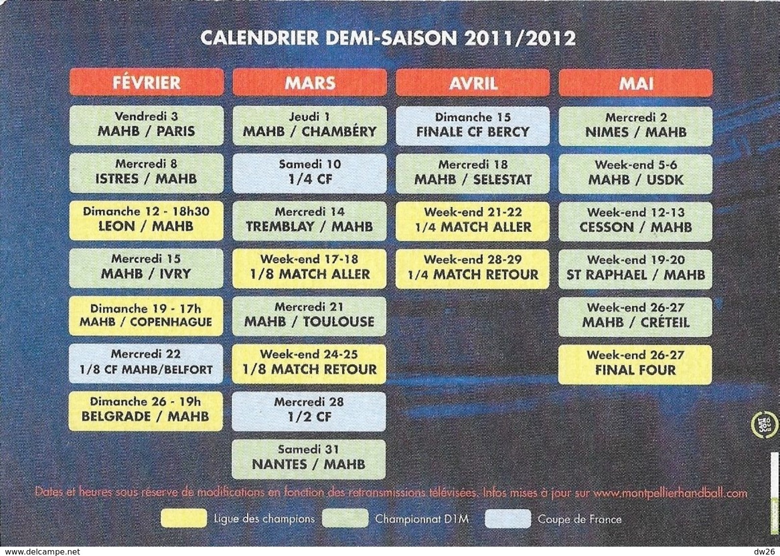 Calendrier Saison 2012-2013 Du Montpellier Hand-Ball (MAHB) - Handball