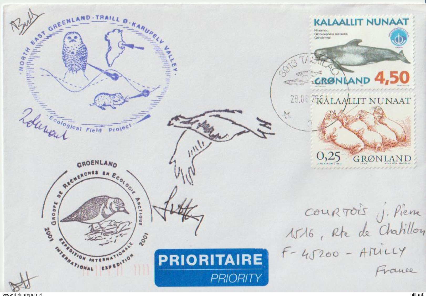 Groenland. Globicéphale Noir Sur Enveloppe Pour La France.Morses  Walrus.  Cachet Harfang Et Lemming. - Baleines