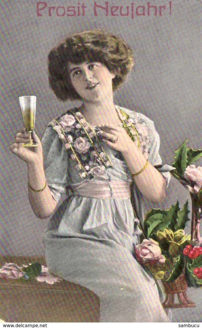 Prosit Neujahr - Frau Mit Sektglas 1914 Hochglanz - AK - Neujahr