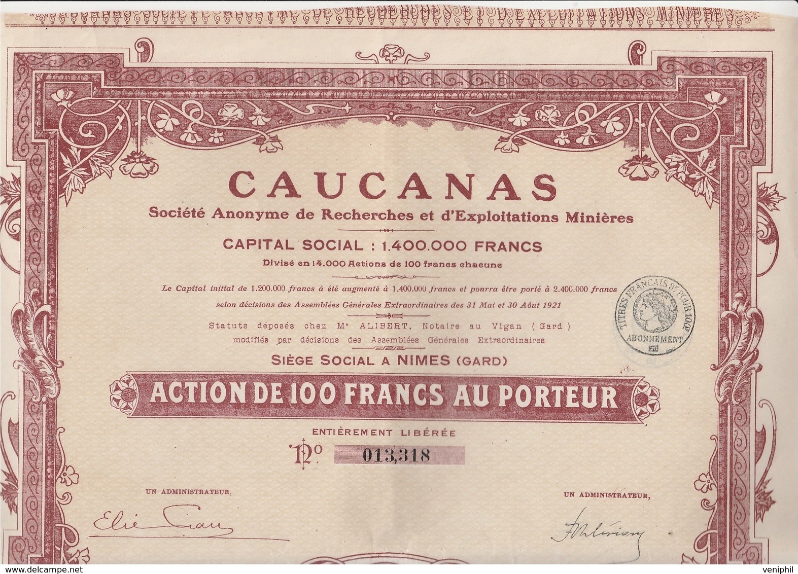 ACTION DE 100 FRS - CAUCANAS -SOCIETE DE RECHERCHES ET D'EXPLOITATIONS MINIERES -NIMES -ANNEE 1921 - Mijnen