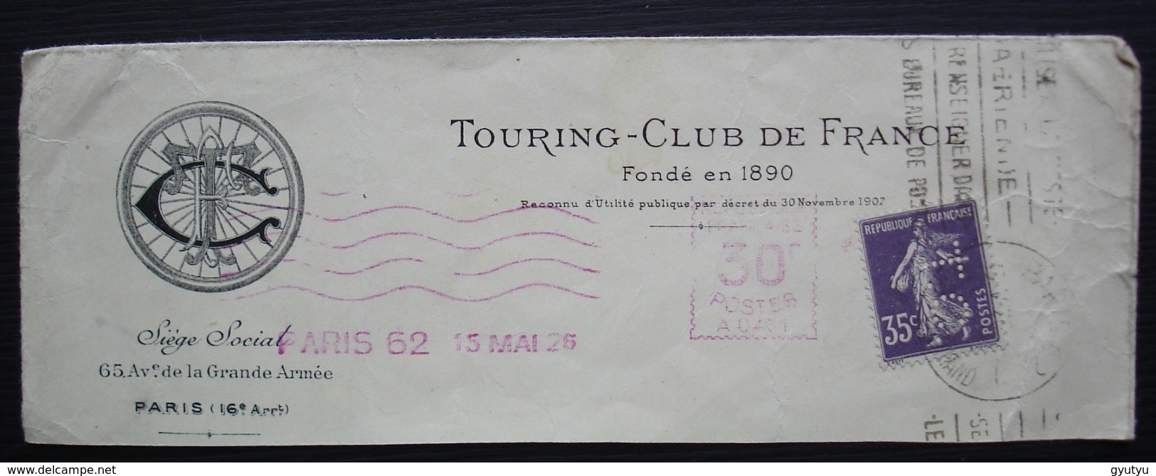 Touring Club De France Perforé Semeuse Violet 35 Centimes Sur Haut De Lettre De 1926 (lettre Incomplète Voir Photo) - Other & Unclassified