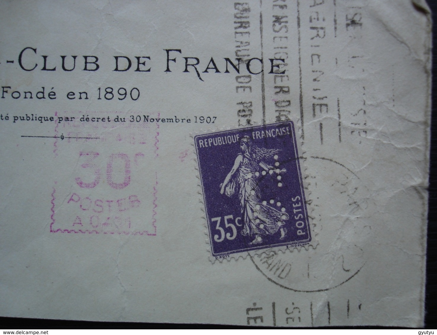 Touring Club De France Perforé Semeuse Violet 35 Centimes Sur Haut De Lettre De 1926 (lettre Incomplète Voir Photo) - Other & Unclassified