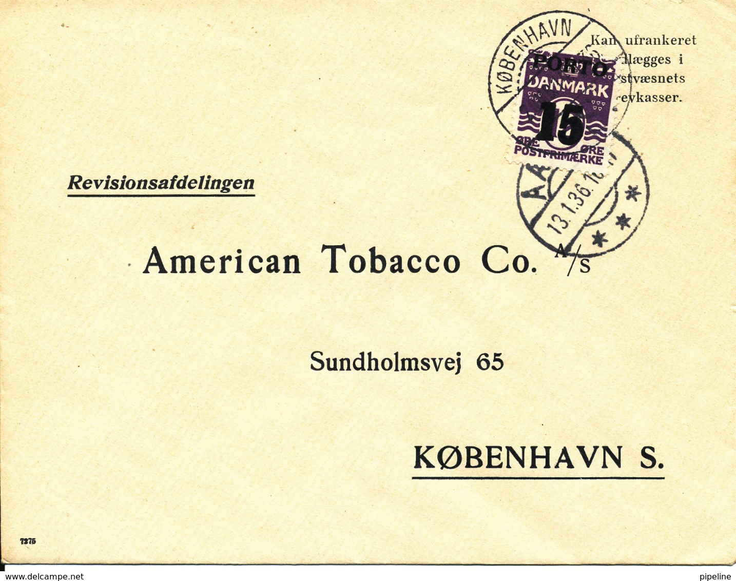 Denmark Cover Sent Unpaid To American Tobacco Co. Kbh. Aars 13-1-1936 And Franked With 15/12 öre Porto Taxe Stamp - Covers & Documents