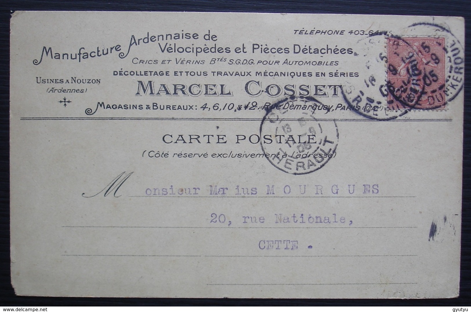Ardennes, Marcel Cosset 1905 Manufacture Ardennaise De Vélocipèdes Usines à Nouzon Carte Pour Cette (Sète) - 1877-1920: Semi-Moderne