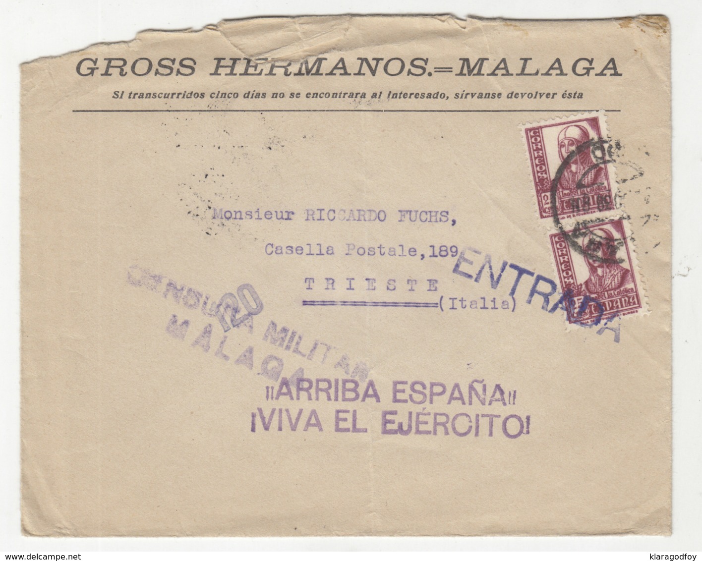 Gross Hermanos Malaga Company Letter Cover Travelled To Trieste - Censored - "Arriba Espana" B190922 - Lettres & Documents