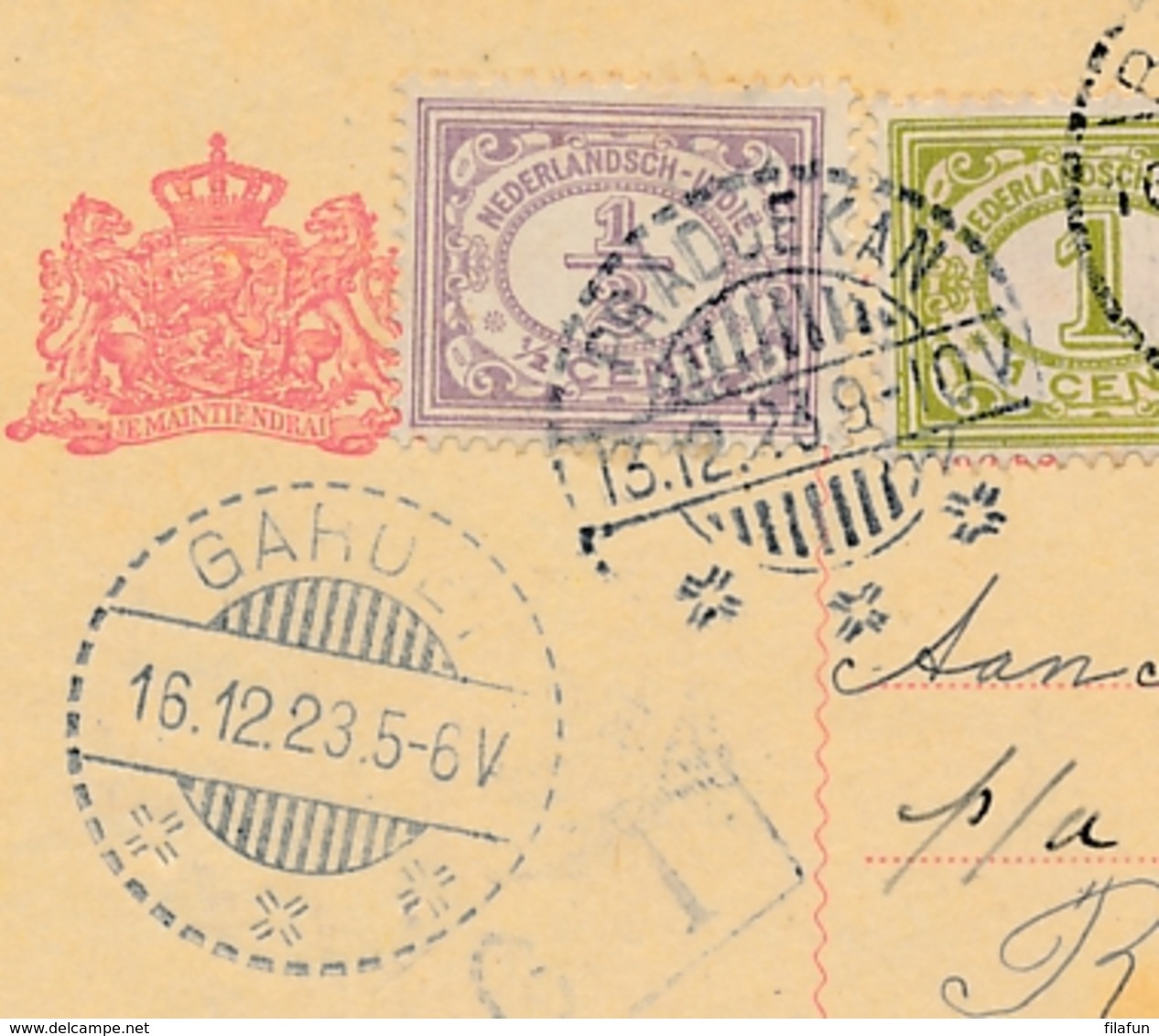 Nederlands Indië - 1923 - 5 Cent Cijfer, Briefkaart + 2,5 Cent Van LB PRADJEKAN Naar Garoet En Door Naar Bandoeng - Nederlands-Indië