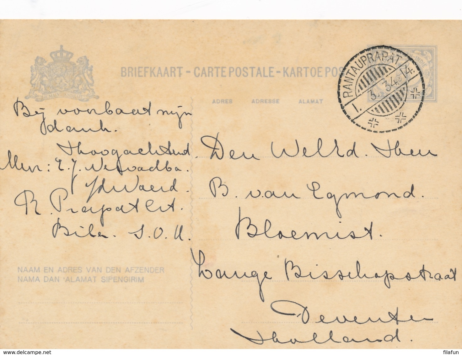 Nederlands Indië - 1934 - 5 Cent Cijfer, Briefkaart G54 Van LB RANTAUPRAPAT Naar Deventer / Nederland - Nederlands-Indië