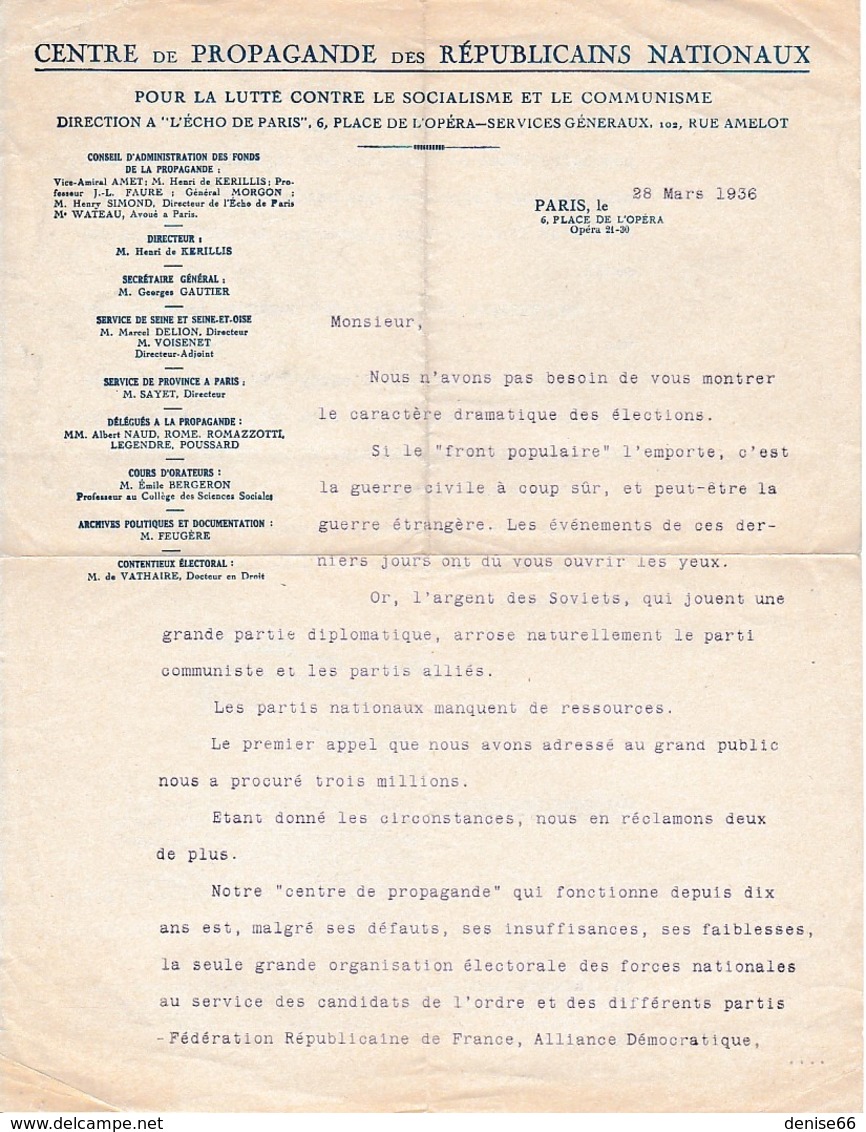 1936 - FRONT POPULAIRE - Centre De PROPAGANDE Des RÉPUBLICAINS NATIONAUX Pour Lutter Contre Le Socialisme - Historische Documenten