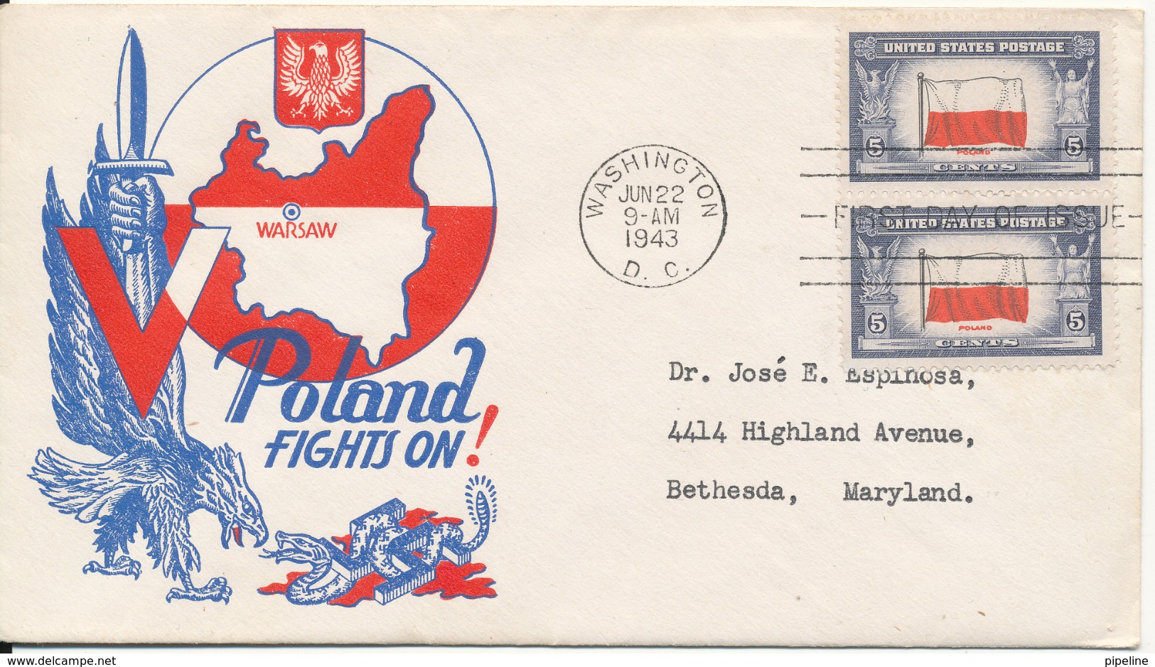 USA FDC Washington 22-6-1943 Overrun Countries Poland Fights On With Nice Cachet - 1941-1950