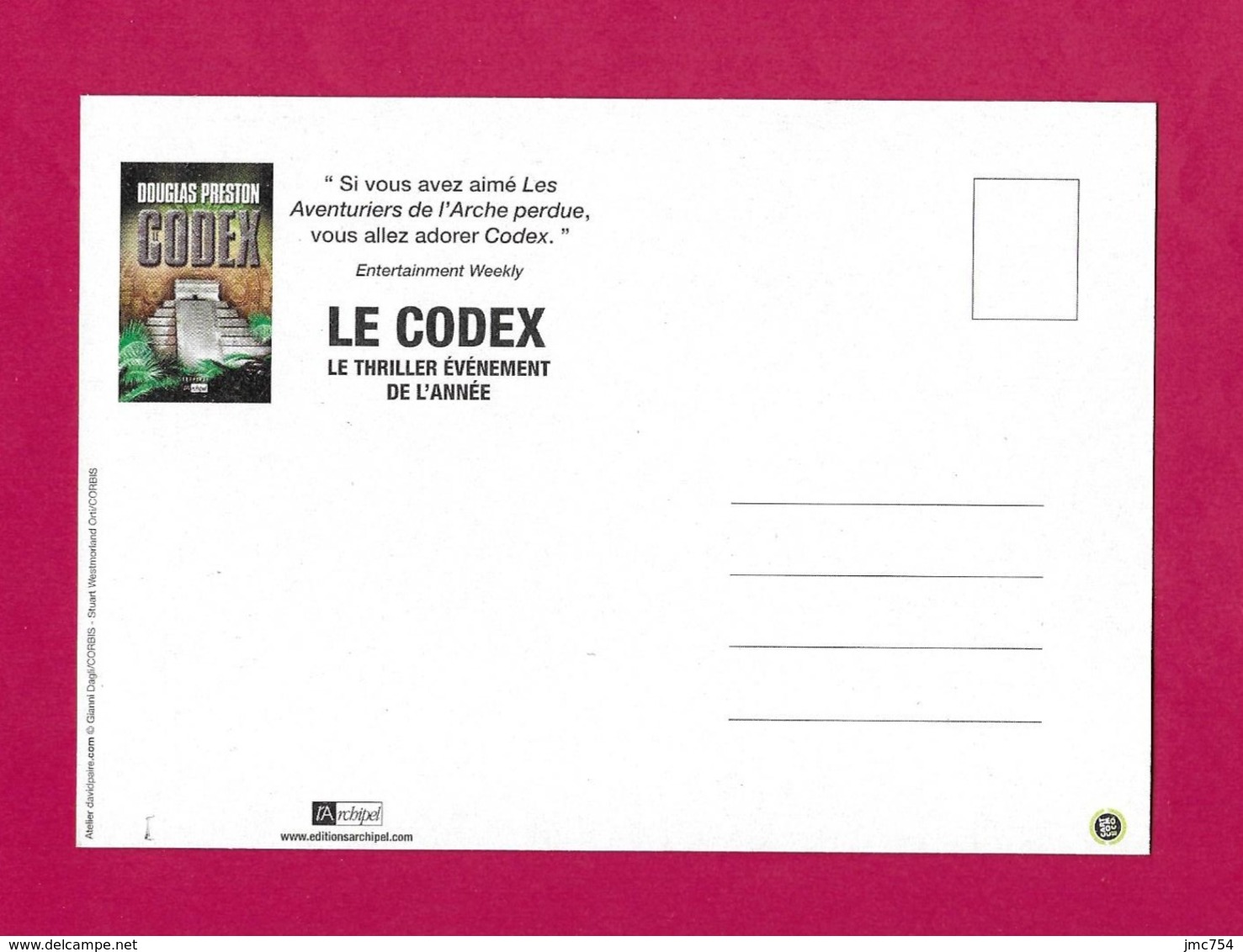 CPM.    Cart'Com.   Thriller "Le Codex".   Douglas Preston.   L'Archipel.    Postcard. - Publicité