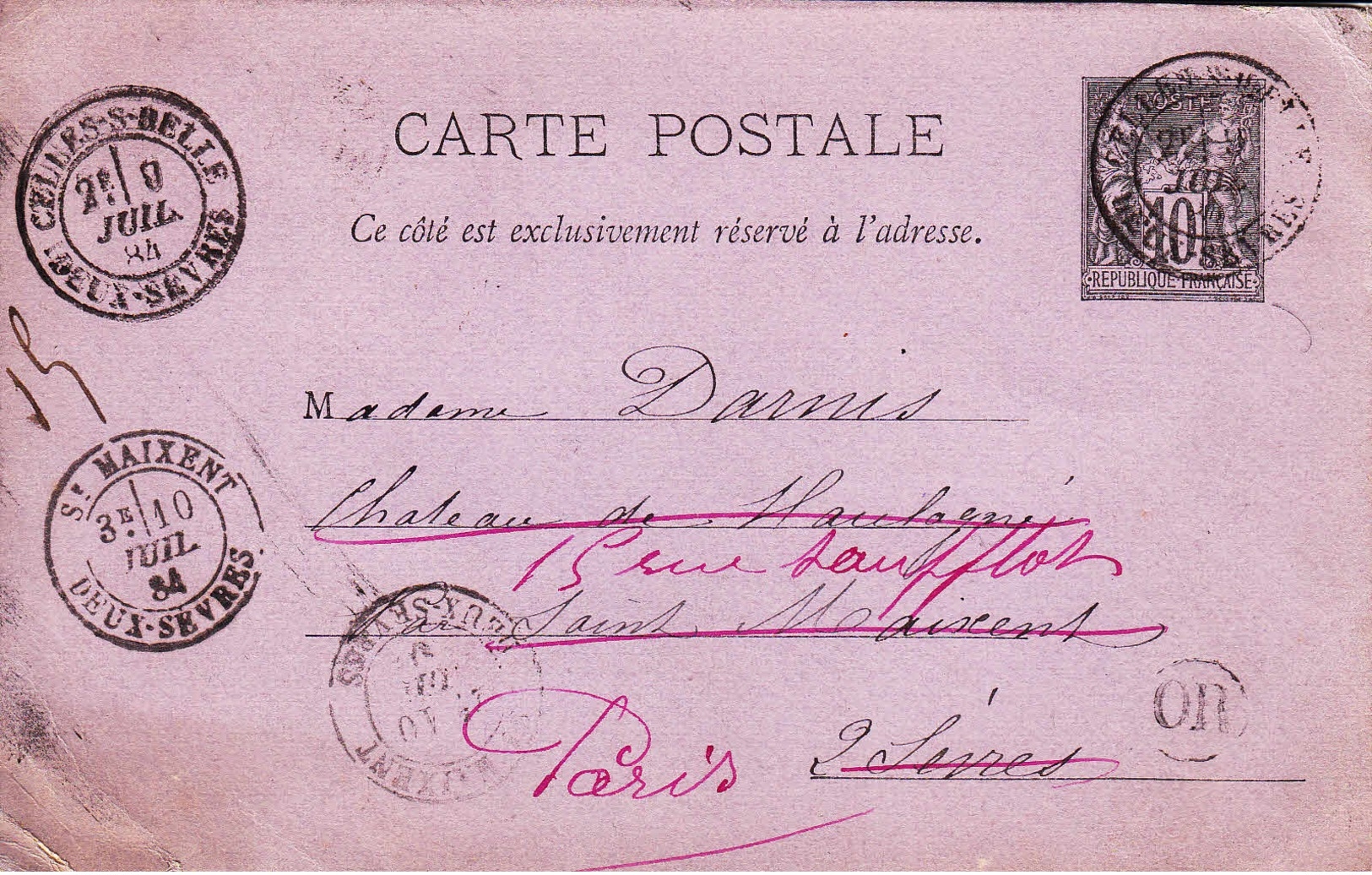 FRANCE - 1884 - Entier Postal De Celles-sur-Belle Pour Saint-Maixent Redirigée Vers Paris - OR - Cartes Postales Types Et TSC (avant 1995)