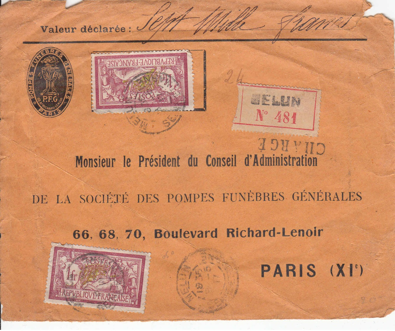 FRANCE - 1917 - Devant De Lettre Recommandée De Melun Pour Paris - Chargé - Valeur Déclarée - 1900-27 Merson