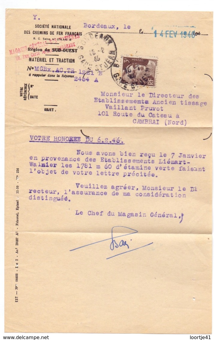 Brief Lettre - SN Des Chemins De Fer Français - Bordeaux 1946 - Transports