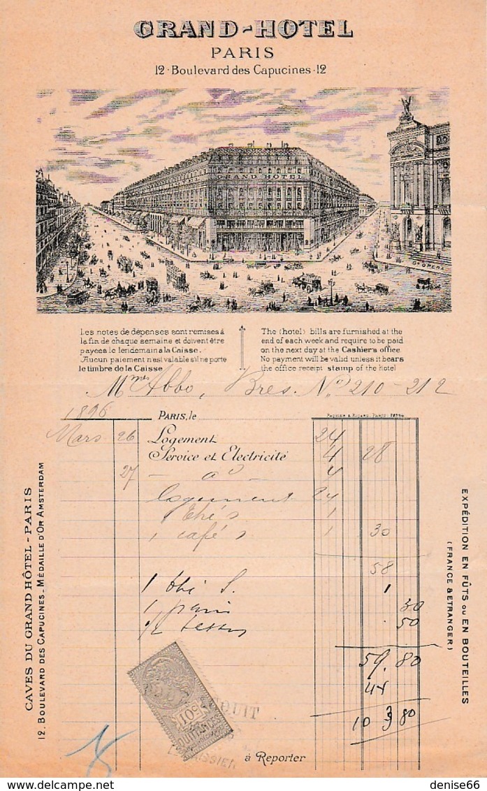 1896 - GRAND HÔTEL - PARIS 12, Bld Des Capucines - - Documents Historiques