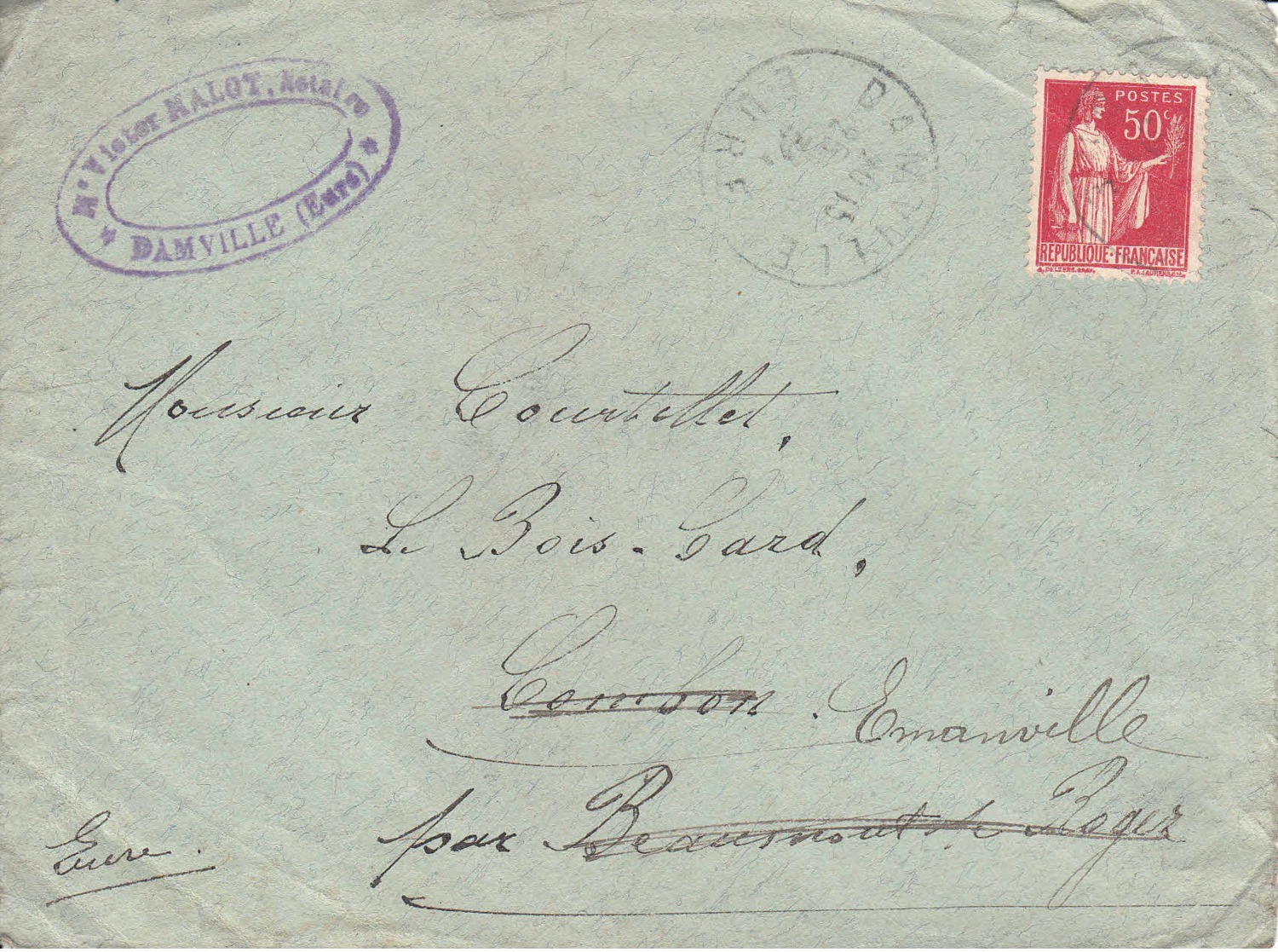 FRANCE -  1934 - Lettre Commerciale De Damville Pour Beaumont-le-Roger Redirigée Evrs Emanville - 1932-39 Paix