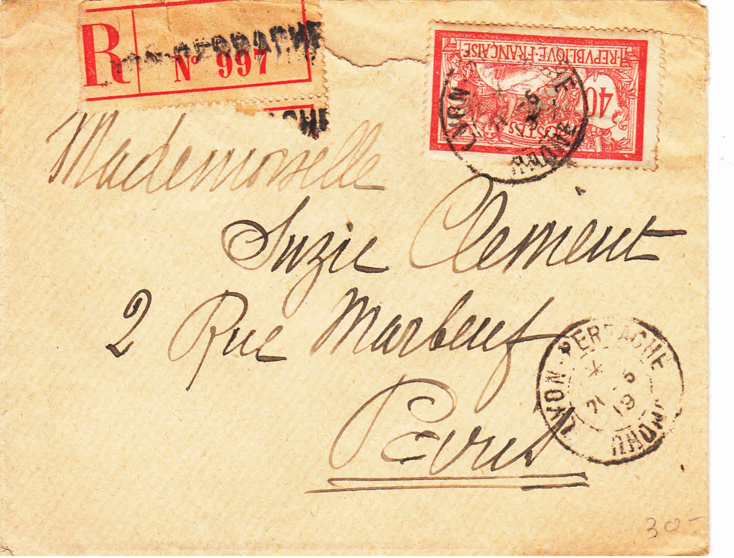 FRANCE - 1919 - Lettre  Recommandée De Lyon Pour Paris - 1900-27 Merson