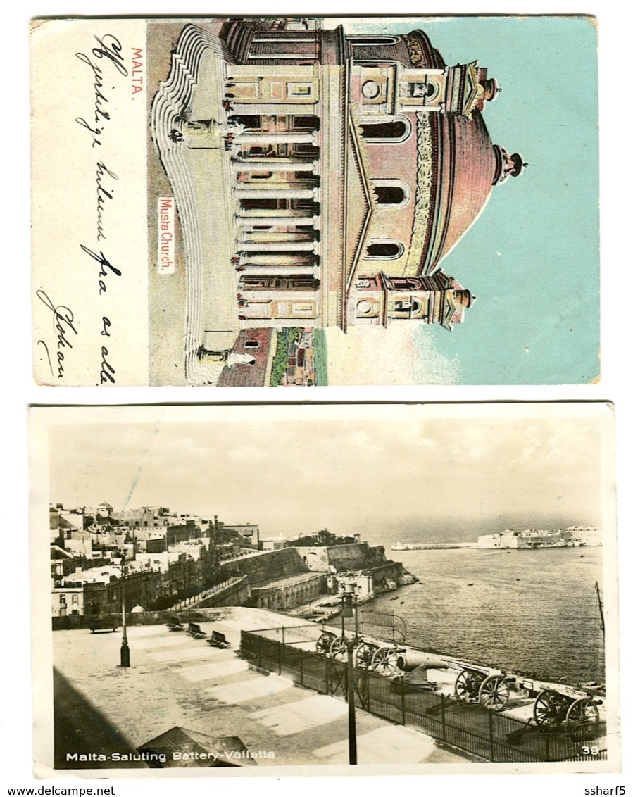 2 Postcards 1905 + 1933 Saluting Battery Photo Card And Musta Church Color Litho - Malta