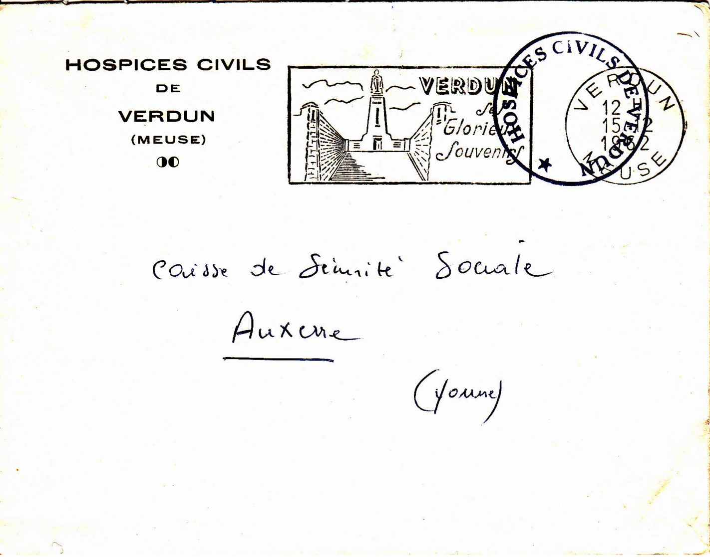FRANCE - 1962 - Lettre En Franchise (Sécurité Sociale ) De Verdun  Pour Auxerre - Lettres & Documents