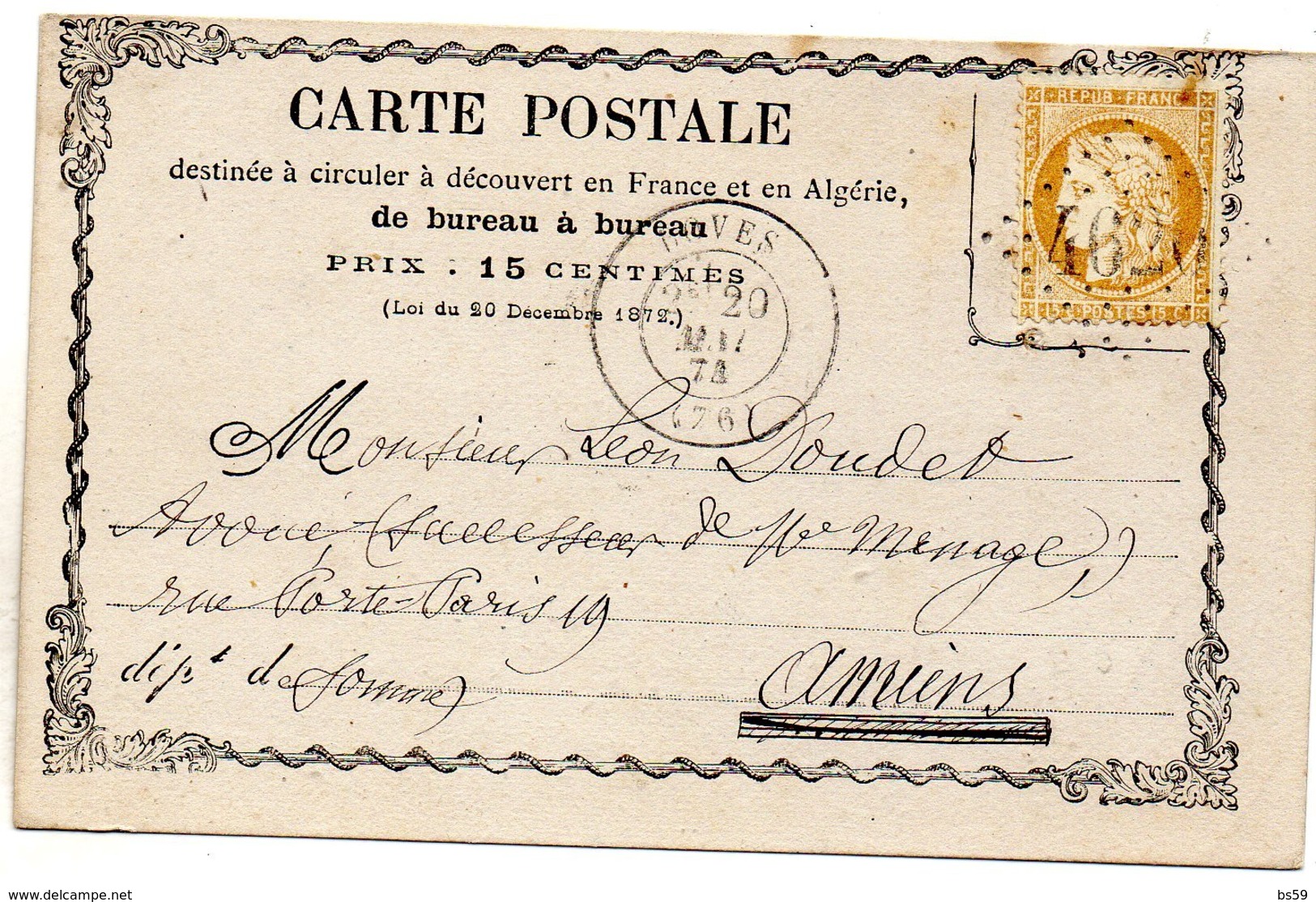 Somme - CPP Affr N° 59 Obl GC 4620 - Càd Type 17 Boves - 1849-1876: Période Classique