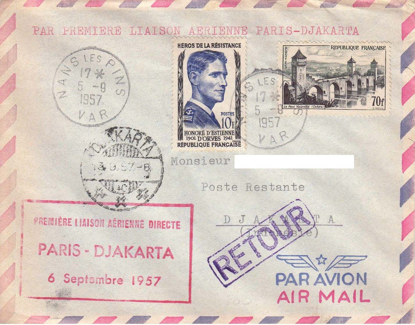 FRANCE - 1957 - Première Liaison Paris-Djakarta - Lettre De Nans Les Pins Pour Djakarta - Lettres & Documents