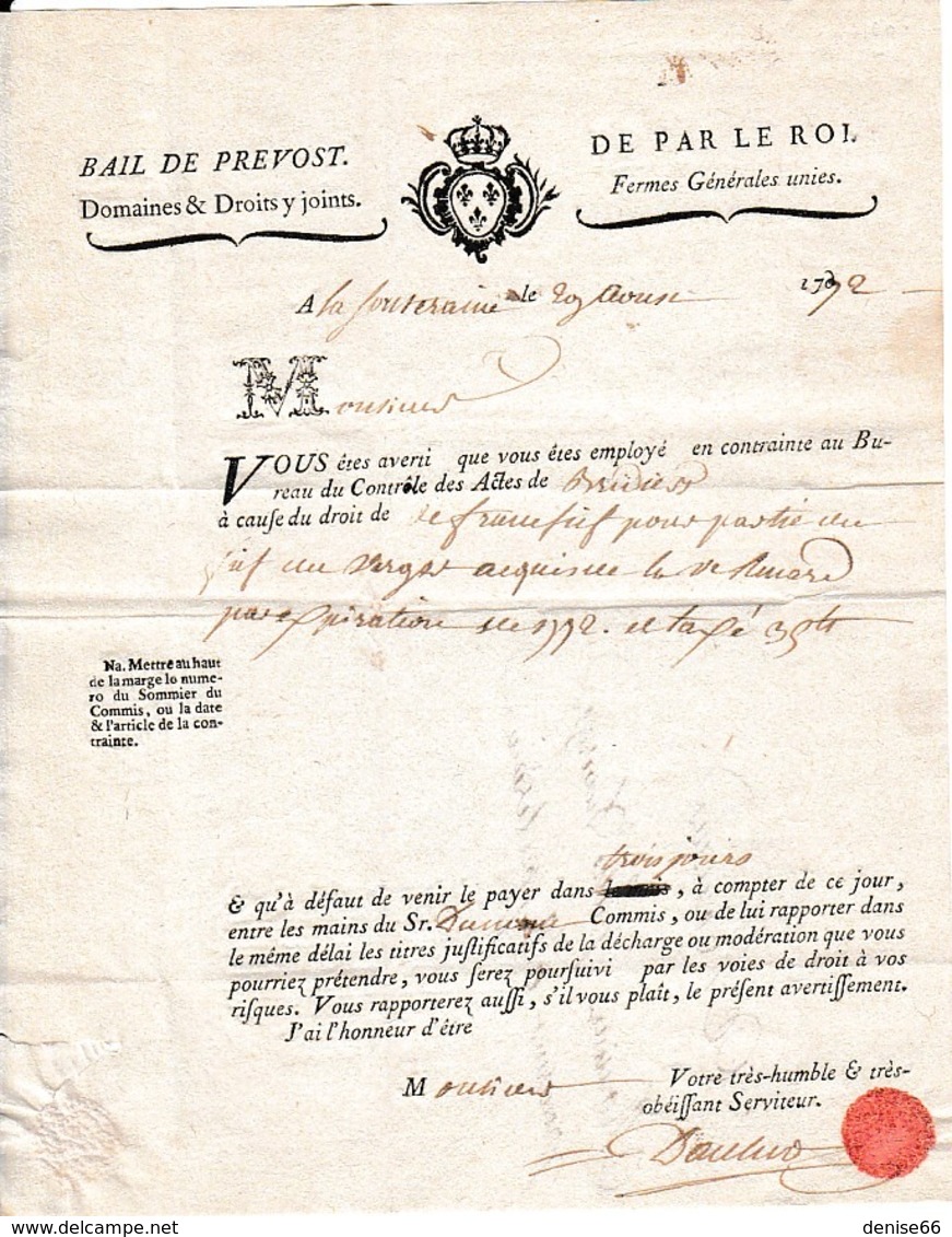 1792 - LA SOUTERRAINE (23) DROIT DE FRANC-FIEF - Fermes Générales Unies - BAIL DE PREVOST - Documents Historiques