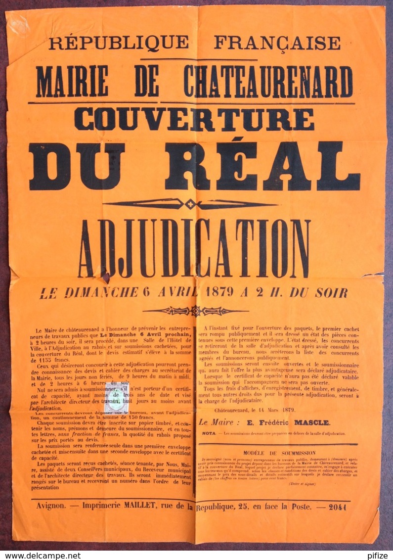 Châteaurenard . Adjudication Pour La Couverture Du Réal . 1879 . Maire Frédéric Mascle . Timbre Fiscal . - Affiches