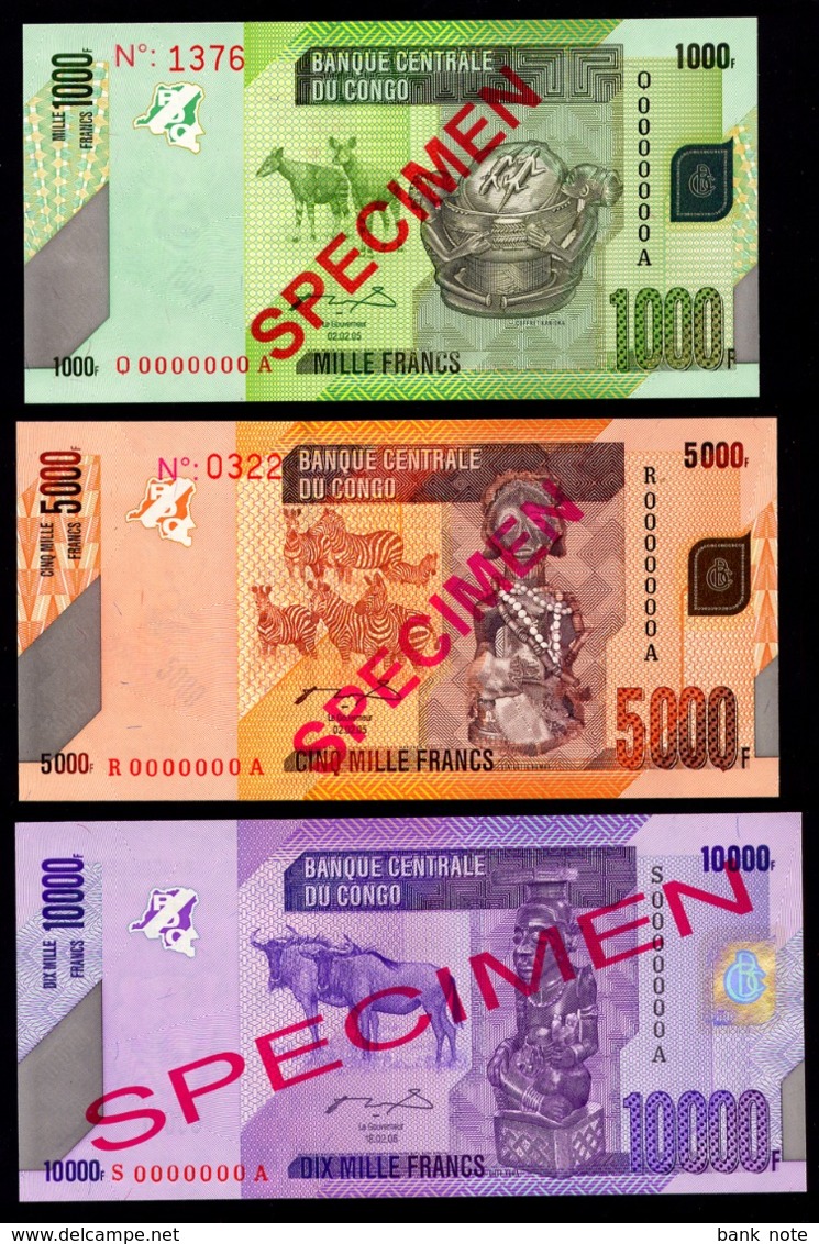 CONGO DEMOCRATIC REPUBLIC SET 3 BANKNOTES SPECIMEN 1000, 5000 FRANCS 2005 10000 FRANCS 2006 Pick 101s, 102s, 103s Unc - Democratic Republic Of The Congo & Zaire