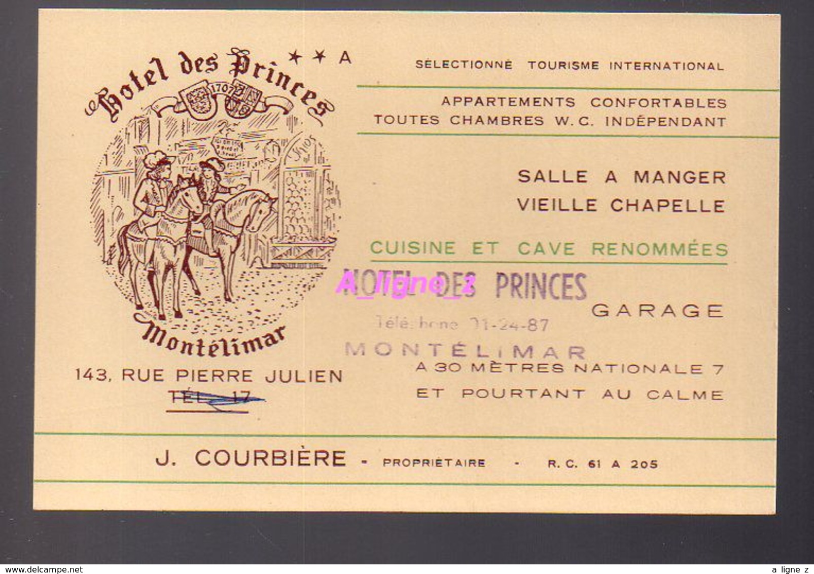 REF 407 : Carte De Visite Hotel Des Princes Montelimar Courbiere - Cartes De Visite