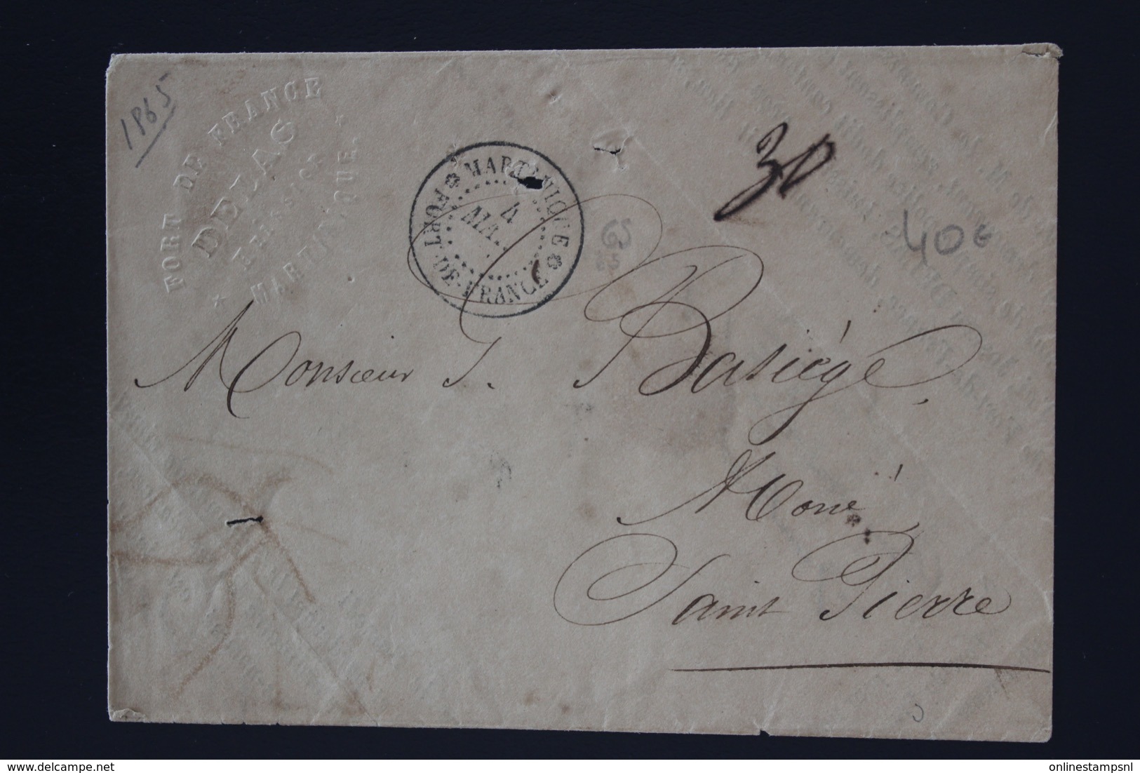 Martinique Cover Fort De France -> Saint Pierre  1865 - Covers & Documents