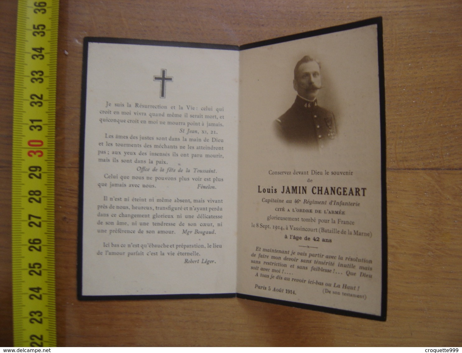 FAIRE PART DECES 1914 Capitaine JAMIN CHANGEART 46e Regiment Infanterie Bataille Marne Vassincourt - Décès