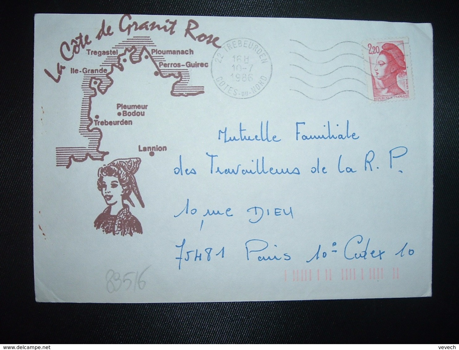 LETTRE Illustrée LA COTE DE GRANIT ROSE TP LIBERTE 2,20 OBL.MEC.10-7 1986 22 TREBEURDEN COTES DU NORD - Autres & Non Classés