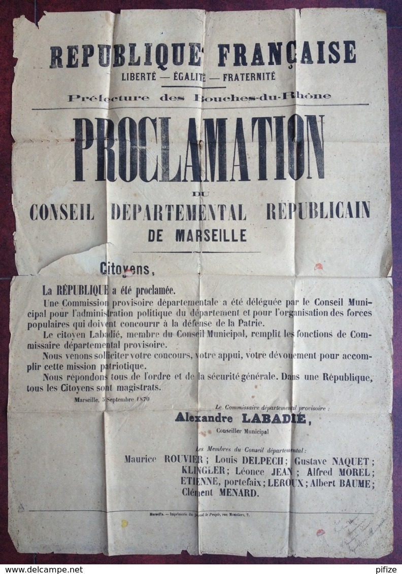Guerre De 1870-71 . Rare Affiche Du Conseil Départemental Républicain De Marseille . 5 Septembre 1870 . Labbé . Commune - Manifesti