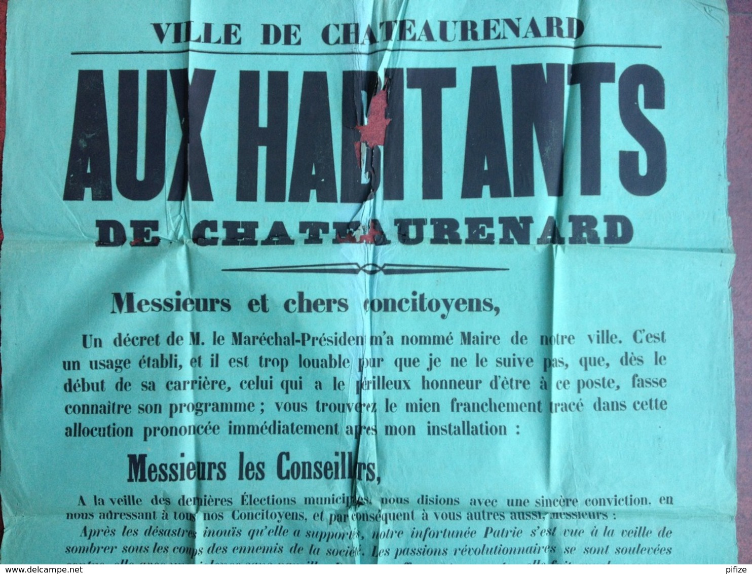 Châteaurenard . Programme (très Creux) Du Maire Bontoux , Nommé Par Décret Par Le Président Mac Mahon . 14 Mars 1874 . - Affiches