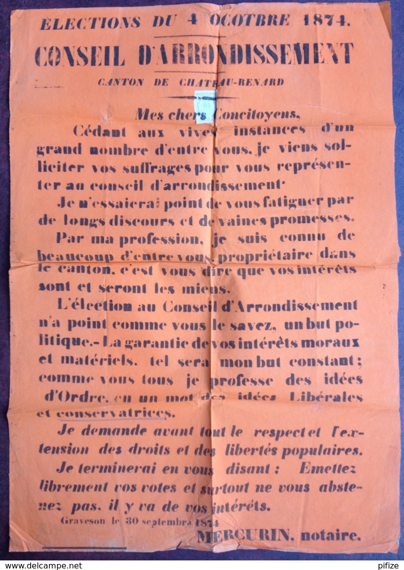 Châteaurenard . Elections Cantonales Du 4 Octobre 1874 . Candidature De Mercurin , Notaire De Graveson . Timbre Fiscal . - Plakate