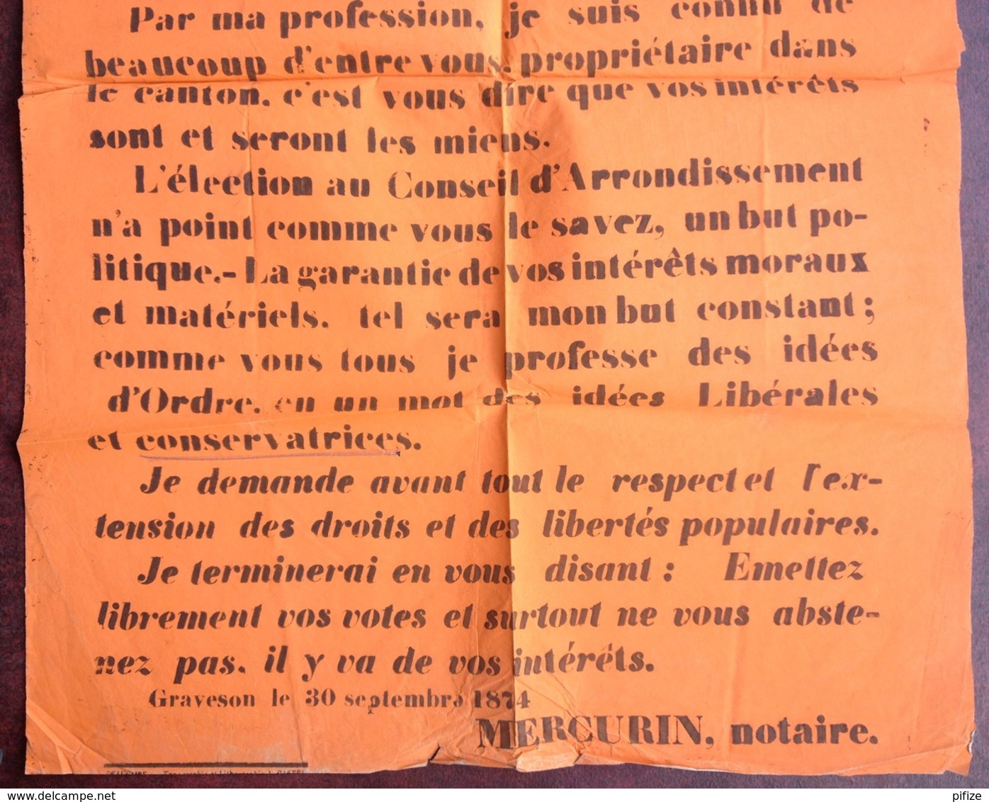 Châteaurenard . Elections Cantonales Du 4 Octobre 1874 . Candidature De Mercurin , Notaire De Graveson . Timbre Fiscal . - Plakate