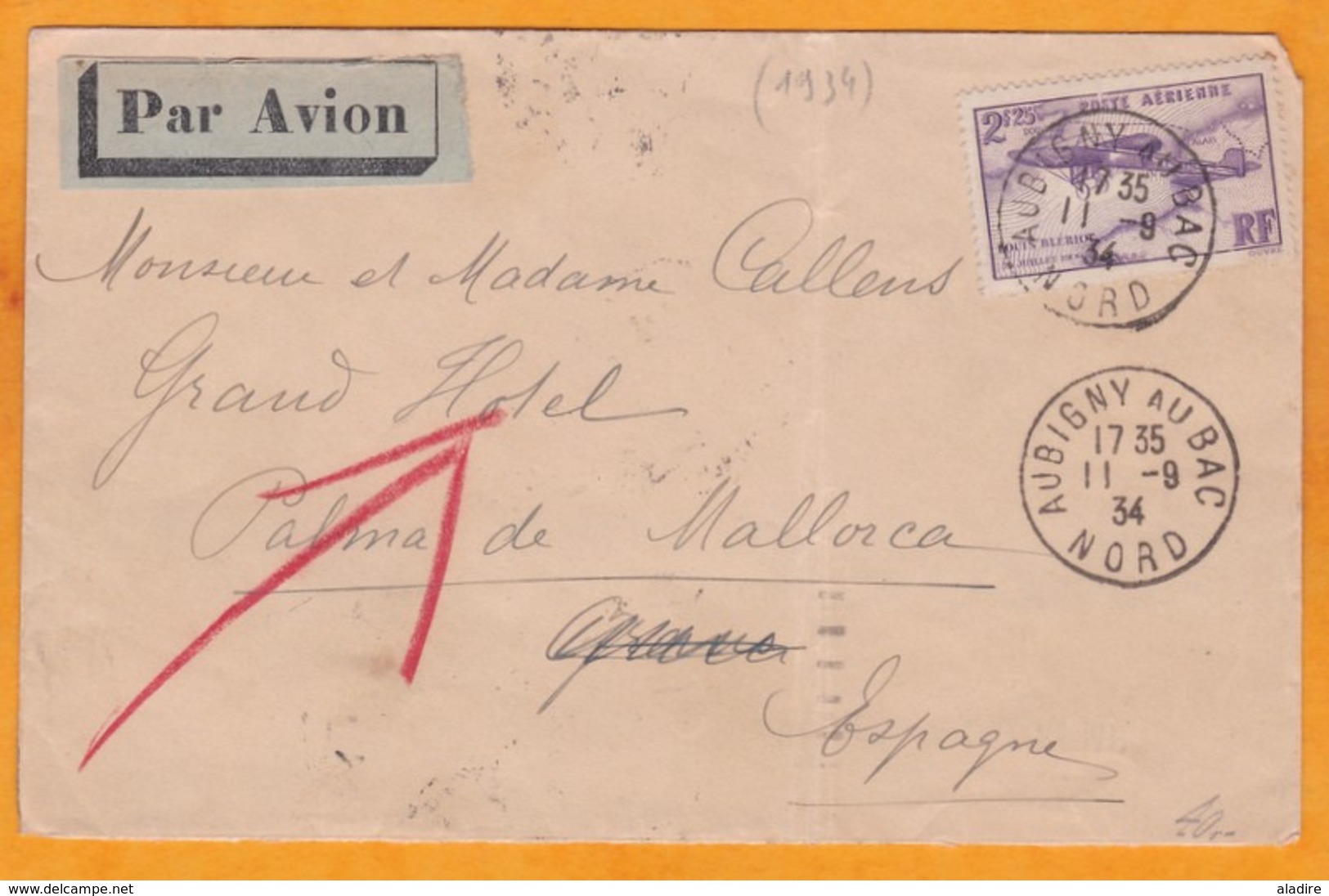 1934 Enveloppe Par Avion D' Aubigny, Nord Vers Palma De Mallorca, Espagne Via Marseille, YT PA N° 7 Seul Louis Blériot - 1960-.... Lettres & Documents