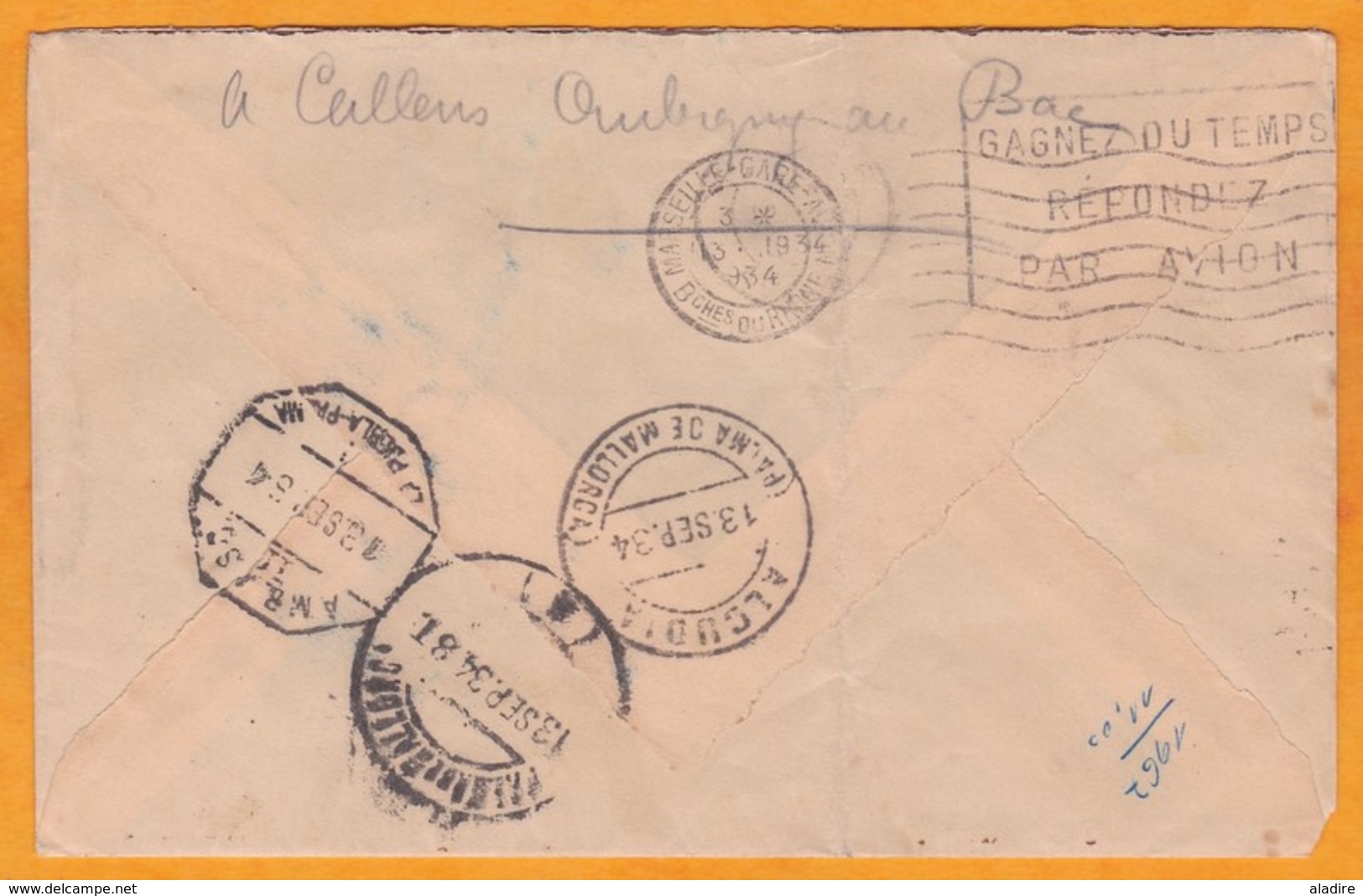 1934 Enveloppe Par Avion D' Aubigny, Nord Vers Palma De Mallorca, Espagne Via Marseille, YT PA N° 7 Seul Louis Blériot - 1960-.... Lettres & Documents