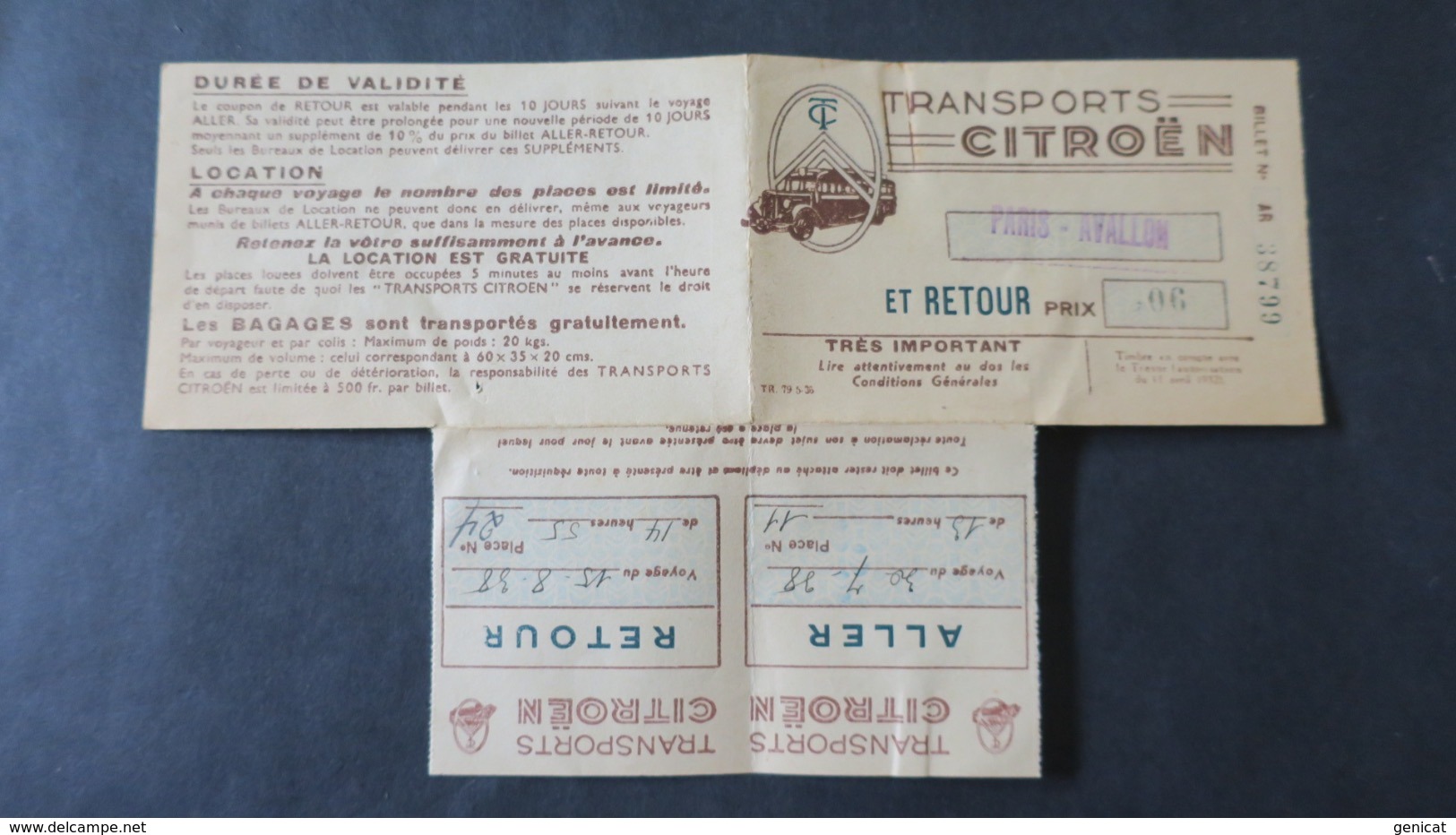Carte Des Transports CITRÖEN  Aller  Retour  Paris Avallon Aout 1938 - Autres & Non Classés