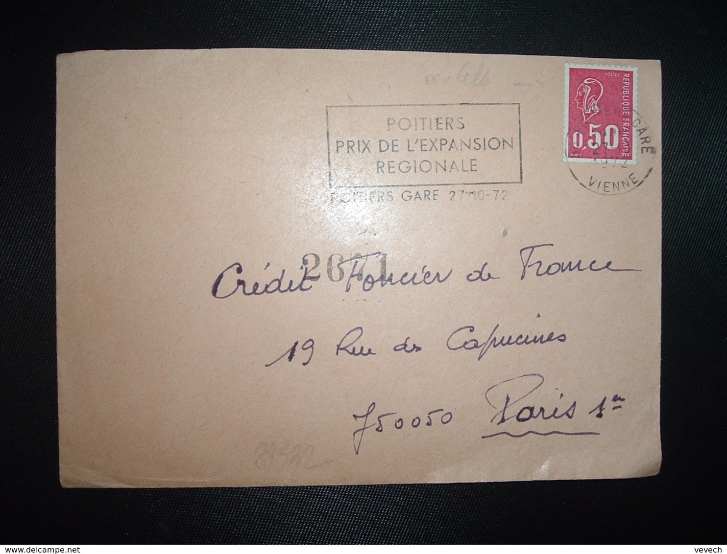 LETTRE TP M. DE BEQUET 0,50 ROULETTE DISTRIBUTEUR OBL.MEC.27-10 1972 86 POITIERS GARE VIENNE - 1971-1976 Marianne (Béquet)