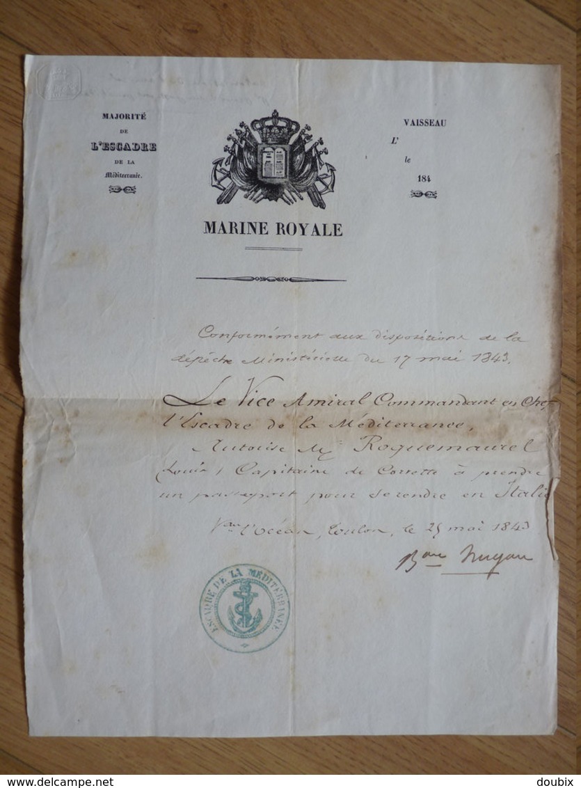 Marine ROYALE. TOULON 1843 - AMIRAL Gaud Amable HUGON (1783-1862) AUTOGRAPHE - Autres & Non Classés